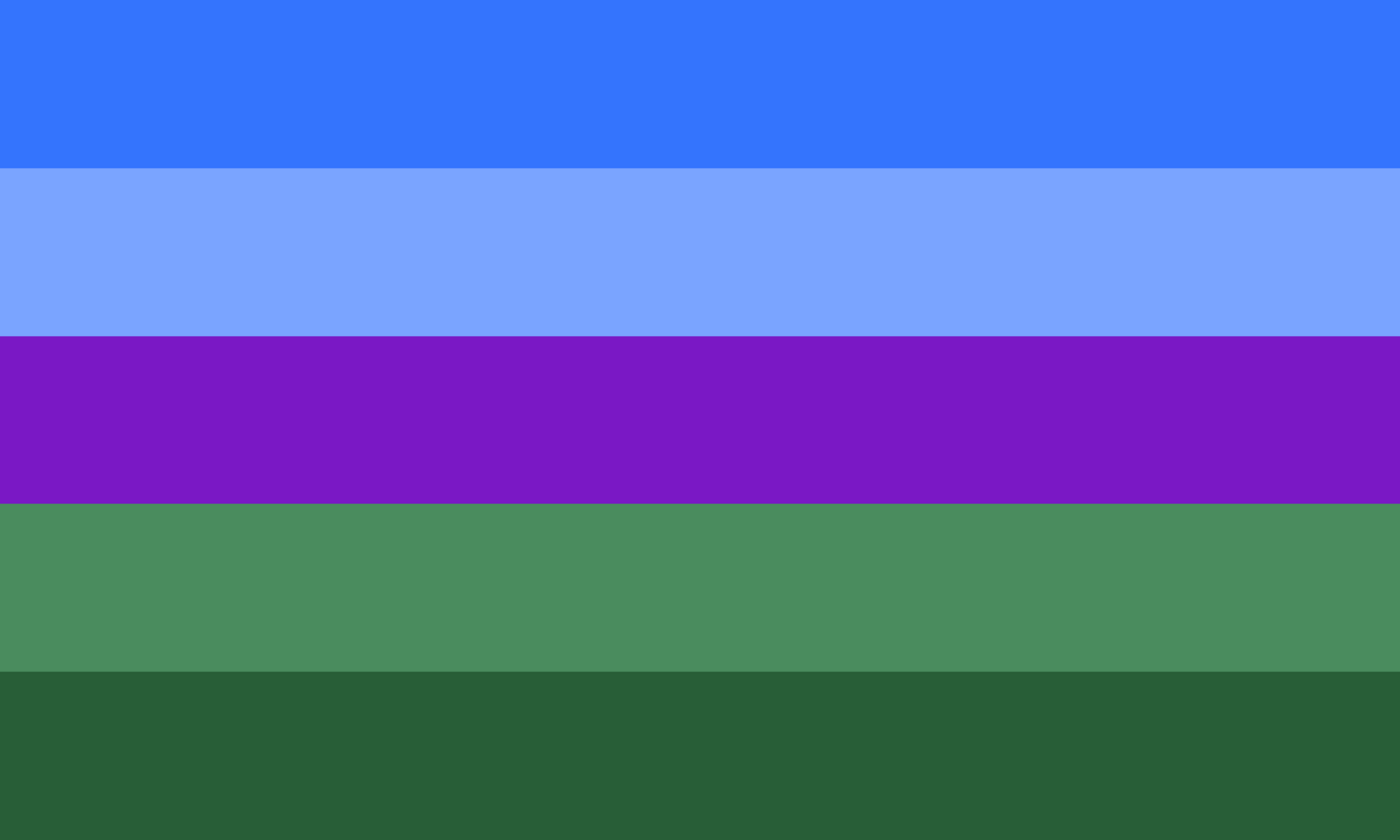 The established Salmacian flag. It is a rectangle with five horizontal stripes. The first stripe is medium blue; the second, light blue; the third, purple; the fourth, light green; and the fifth, medium green.